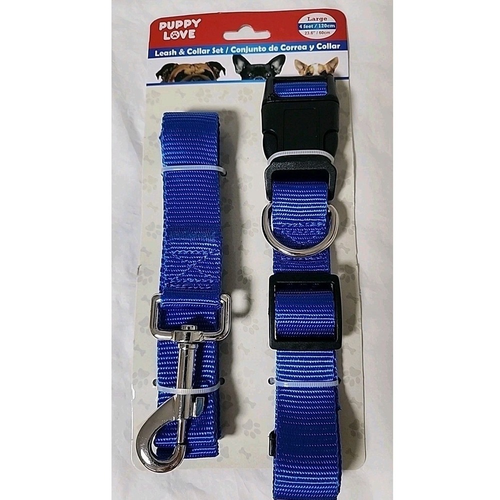 NWT PUPPY LOVE Dog Collar Large 23.6" & 4 Ft Leash Set Adjusts Nylon Blue New